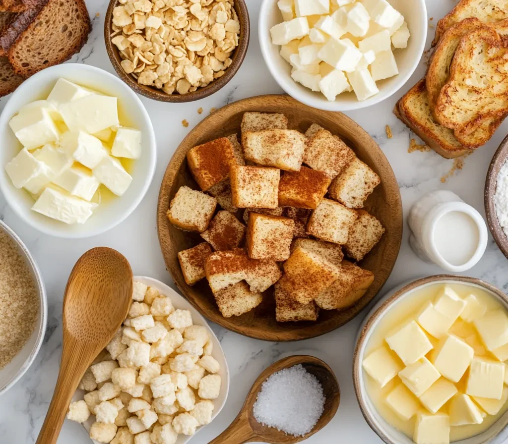 How to Make Kylie Jenner French Toast? – A Step-by-Step Guide 9 Ingredients for Kylie Jenner’s French toast, including eggs, milk, cinnamon, vanilla extract, sugar, butter, bread, and cornflakes.