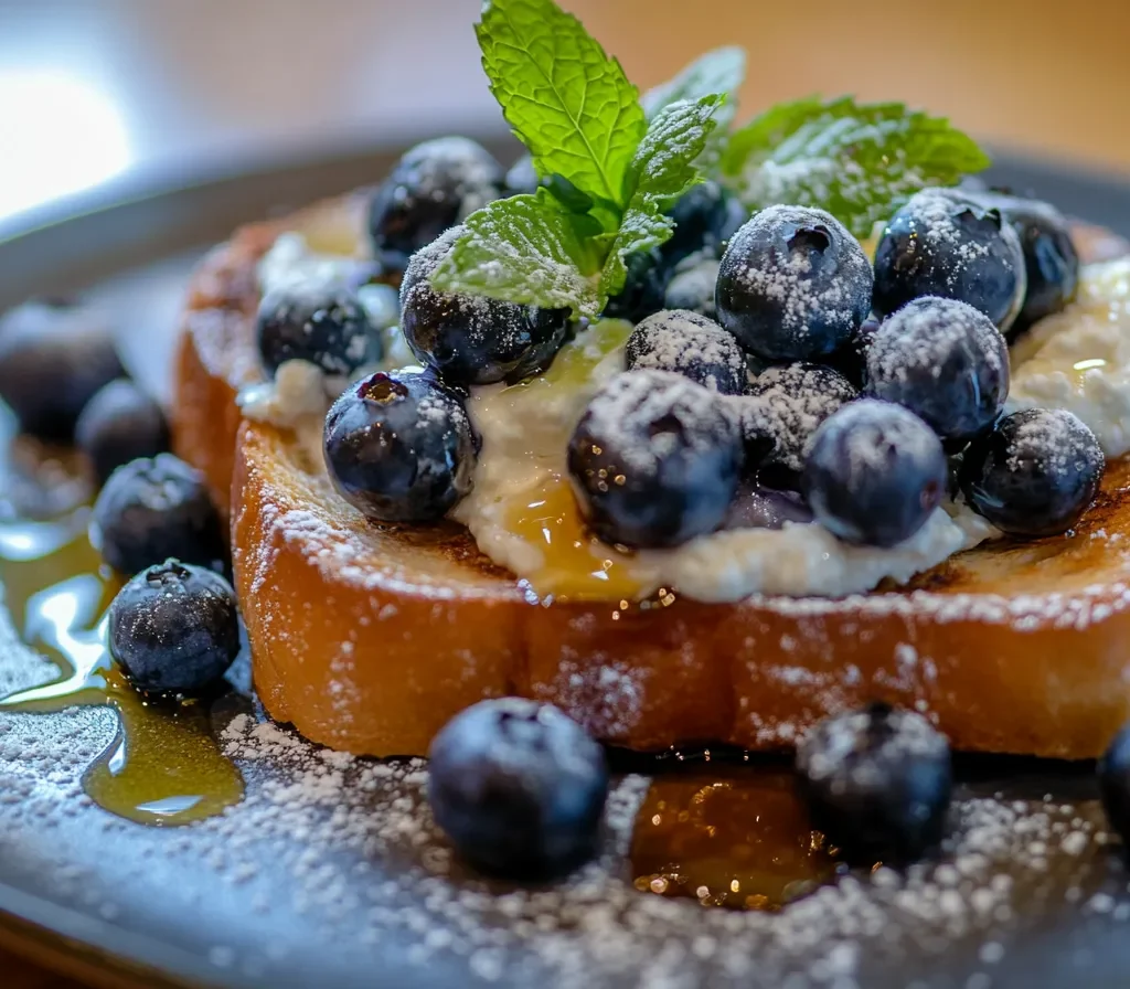 Blueberry Ricotta Toast – A Delicious and Nutritious Breakfast Option 7 Blueberry ricotta toast on a plate with honey drizzle and fresh blueberries.