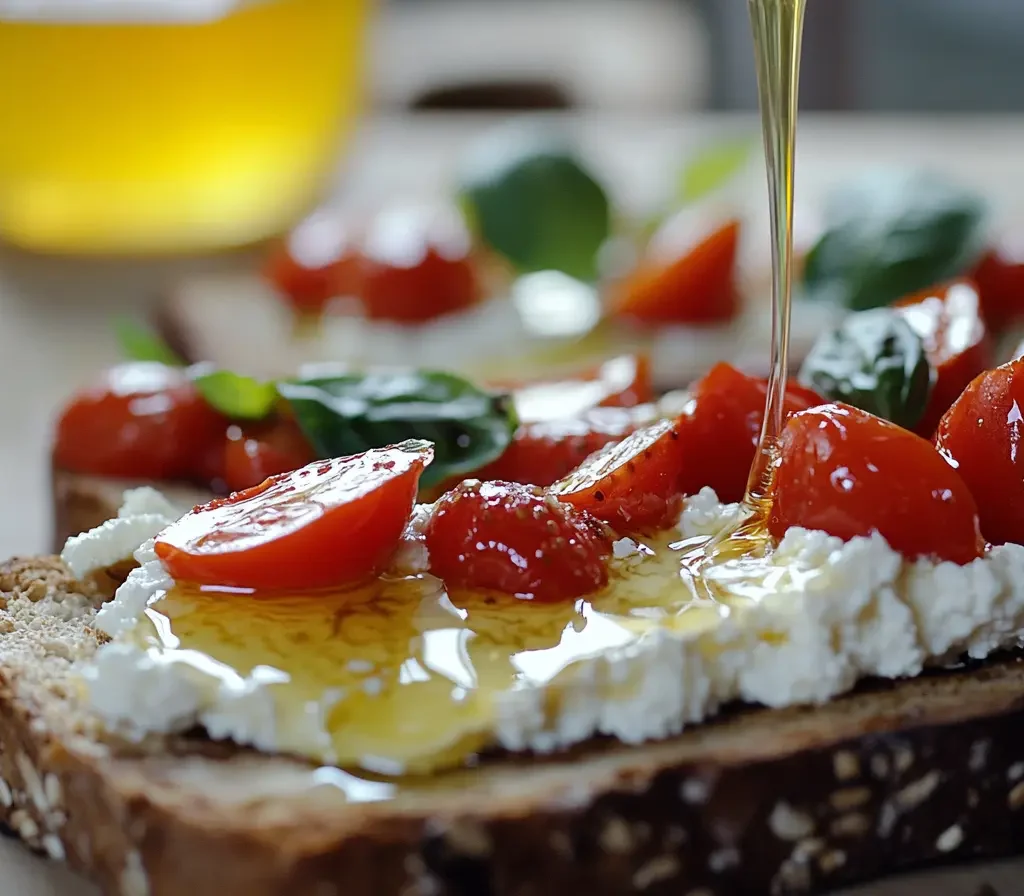 How Many Calories Are in Ricotta Toast? A Detailed Breakdown 7 A plate of ricotta toast topped with fresh strawberries, honey, and basil on a rustic wooden table.