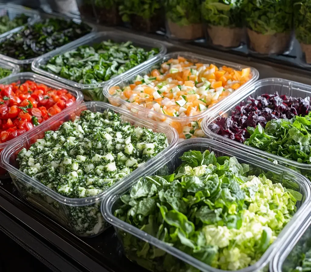 The Ultimate Guide to Costco Salads: Options, Prices, and Nutrition 7 A display of fresh Costco salads, including Caesar, kale, and Mediterranean salad kits, in the refrigerated section of a Costco store.