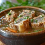 A bowl of homemade soup made from soup bones, garnished with fresh herbs.