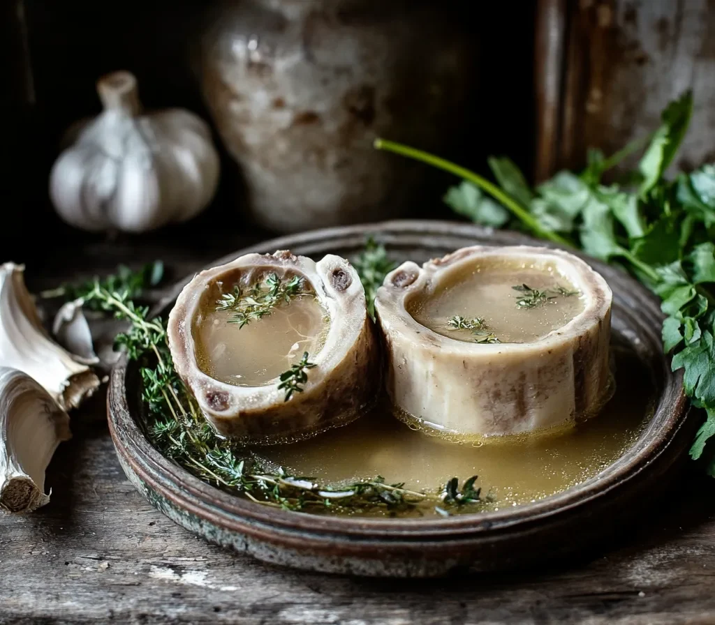 What is a Soup Bone? A Complete Guide to Uses, Benefits, and Recipes 6 A steaming pot of homemade bone broth with soup bones and fresh herbs on a wooden counter