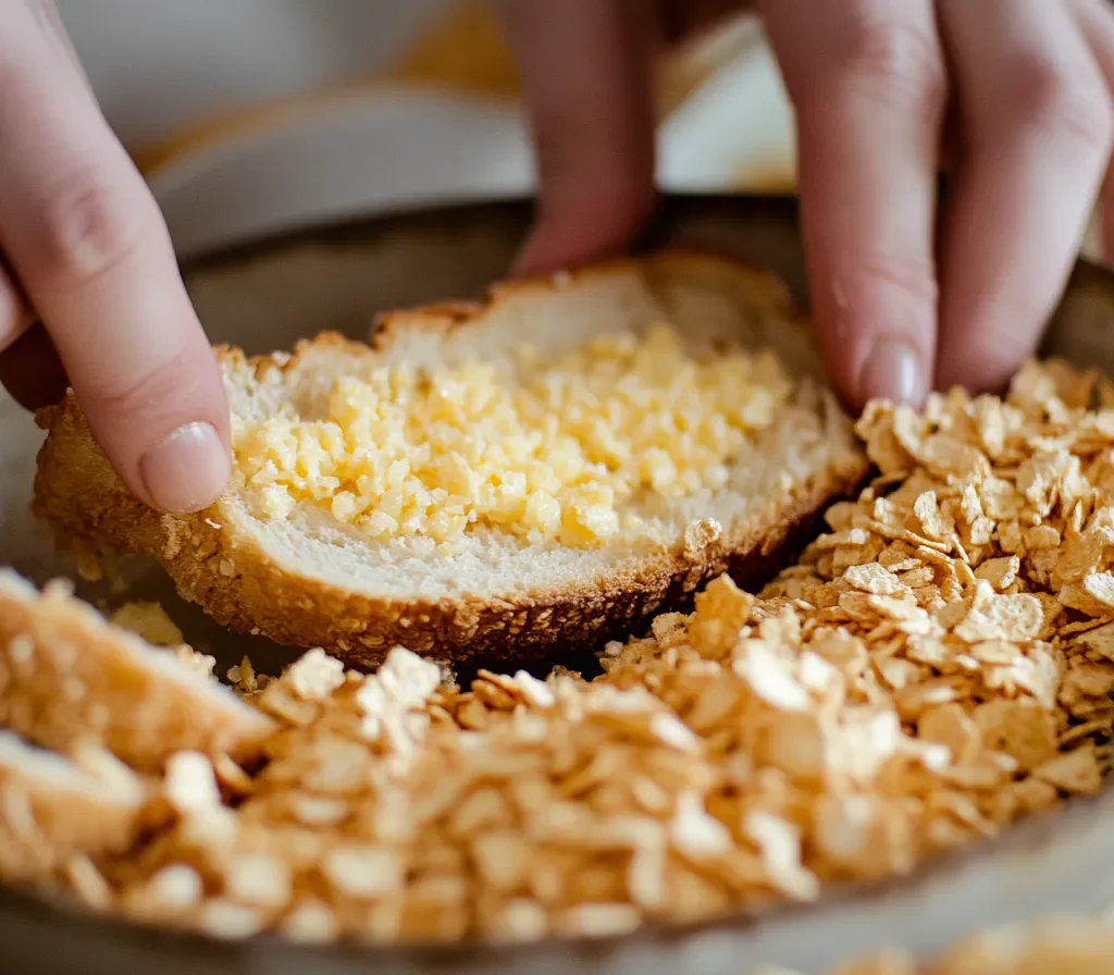 How to Make Kylie Jenner French Toast? – A Step-by-Step Guide 10 French toast being coated in crushed cornflakes before frying for a crispy, flaky texture.