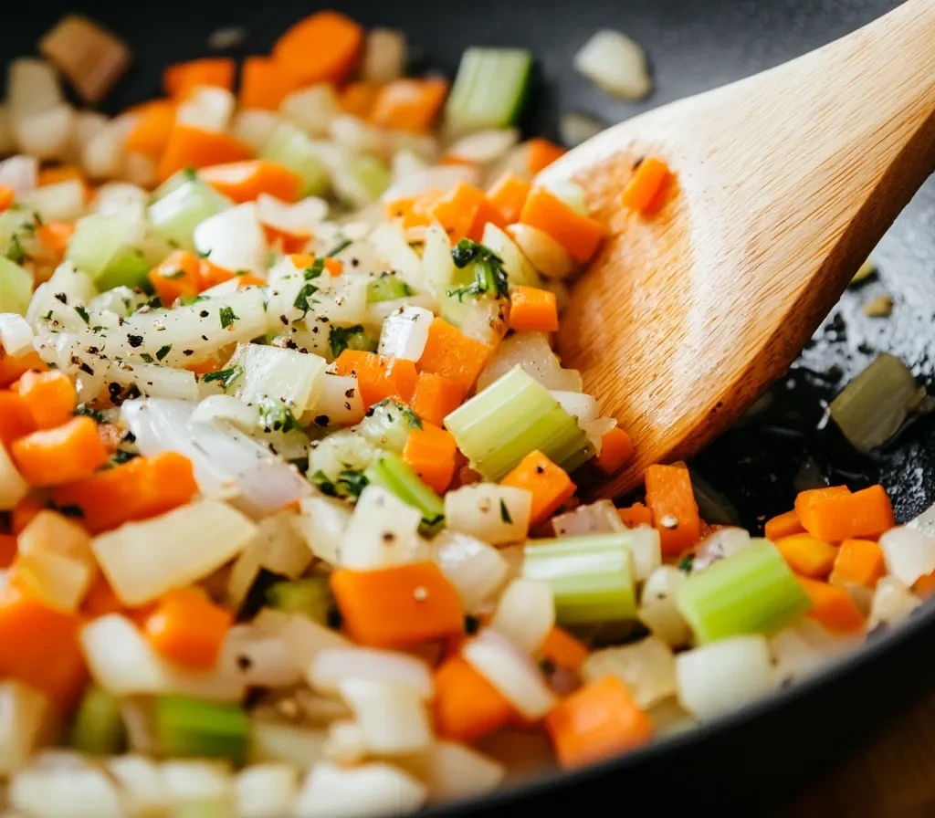 Aromatics like onions, garlic, celery, and carrots being sautéed in a pan.