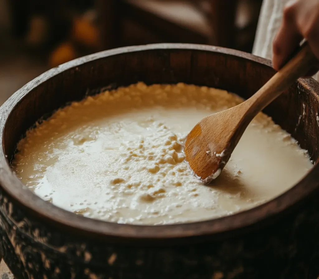 What is Ricotta in France? A Complete Guide to This Creamy Delight 10 A cheesemaker stirring fresh ricotta curds in a steaming pot.
