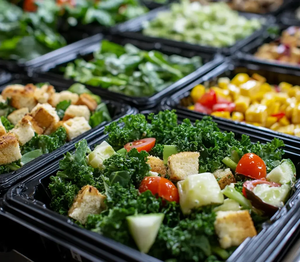 The Ultimate Guide to Costco Salads: Options, Prices, and Nutrition 8 Pre-packaged Costco salads displayed in a refrigerated section, featuring Taylor Farms and other popular brands.