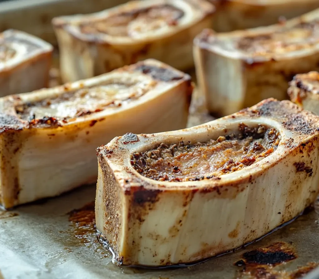 The Ultimate Guide to Soup Bones: Benefits, Uses, and Recipes 8 Roasted beef marrow bones on a tray, ready for making broth.