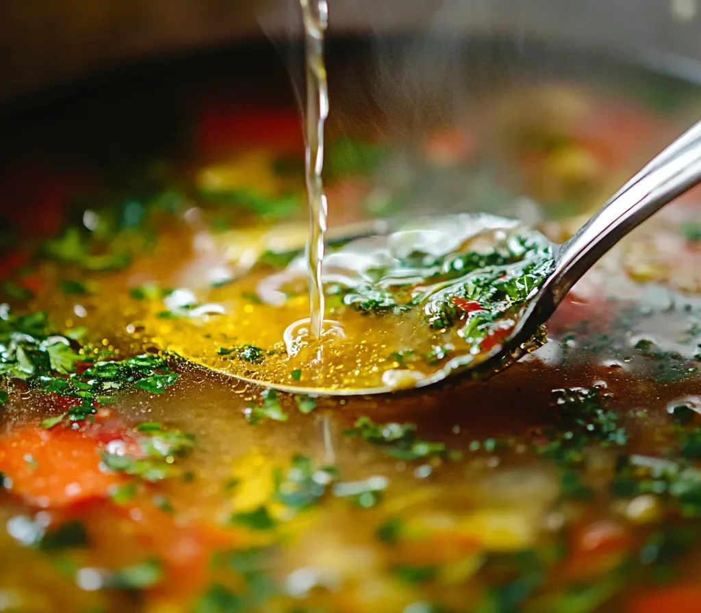 A ladle pouring homemade broth into a soup pot with herbs.