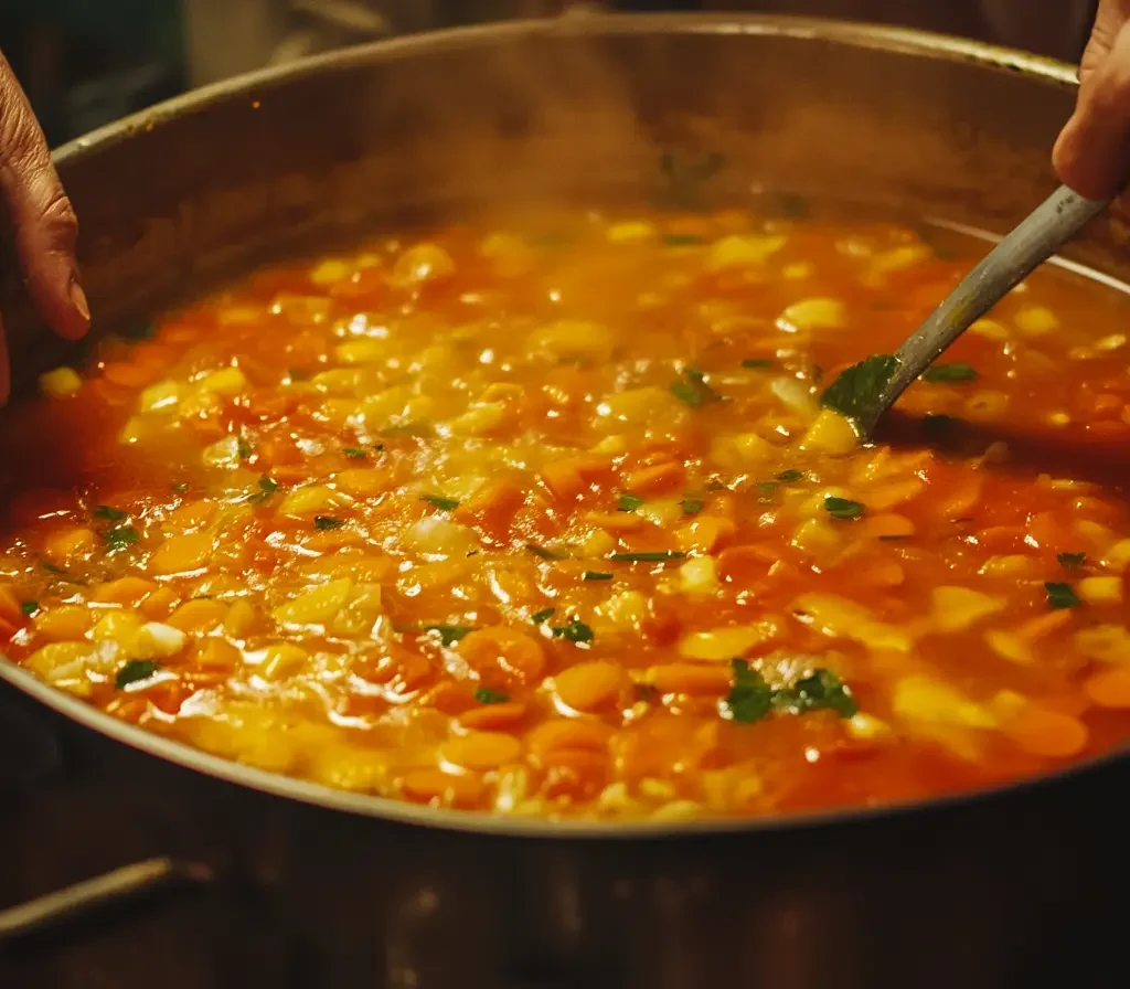 A chef stirring a pot of soup with fresh ingredients simmering in rich broth.