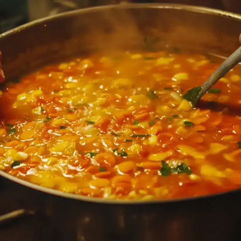 A chef stirring a pot of soup with fresh ingredients simmering in rich broth.
