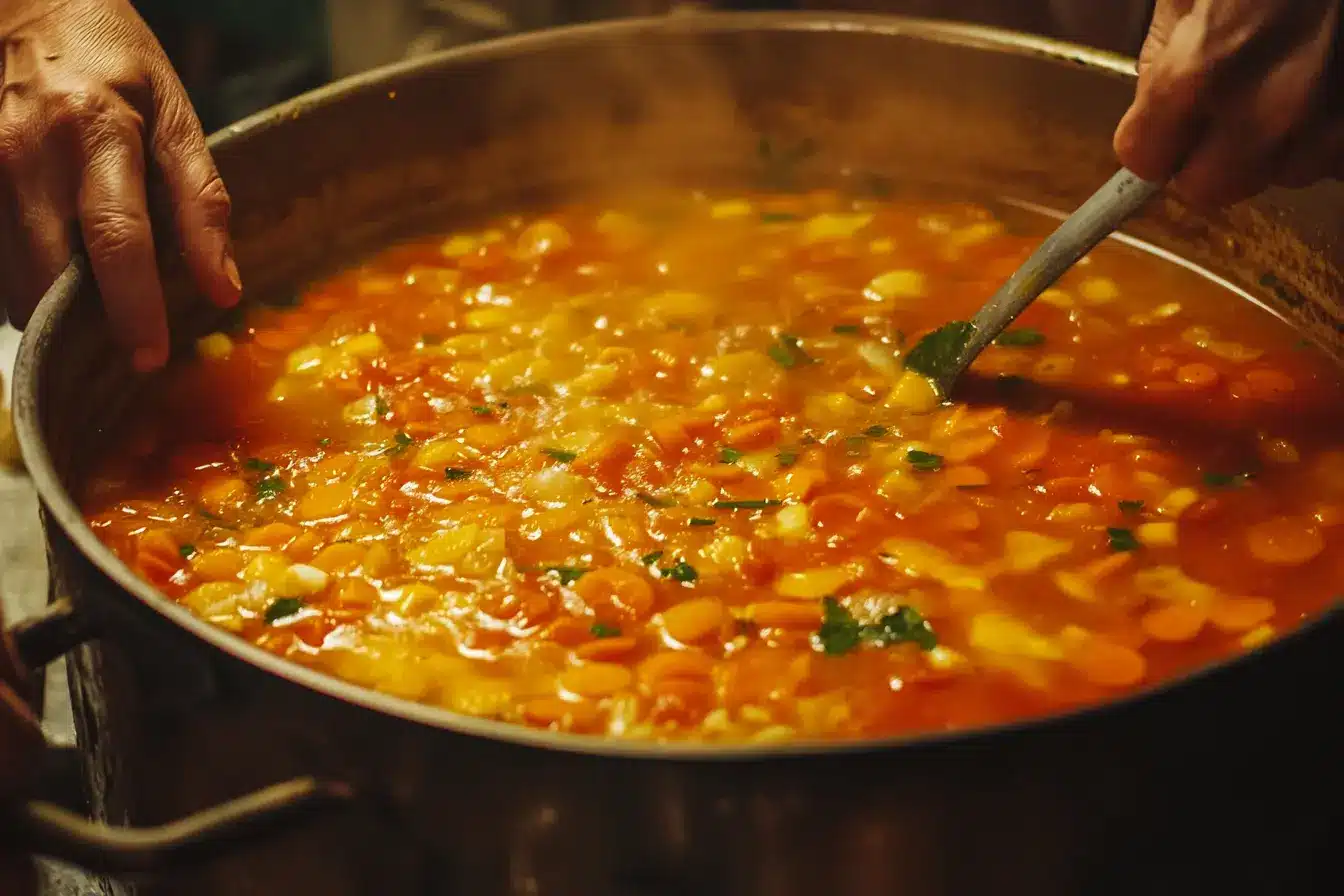 A chef stirring a pot of soup with fresh ingredients simmering in rich broth.