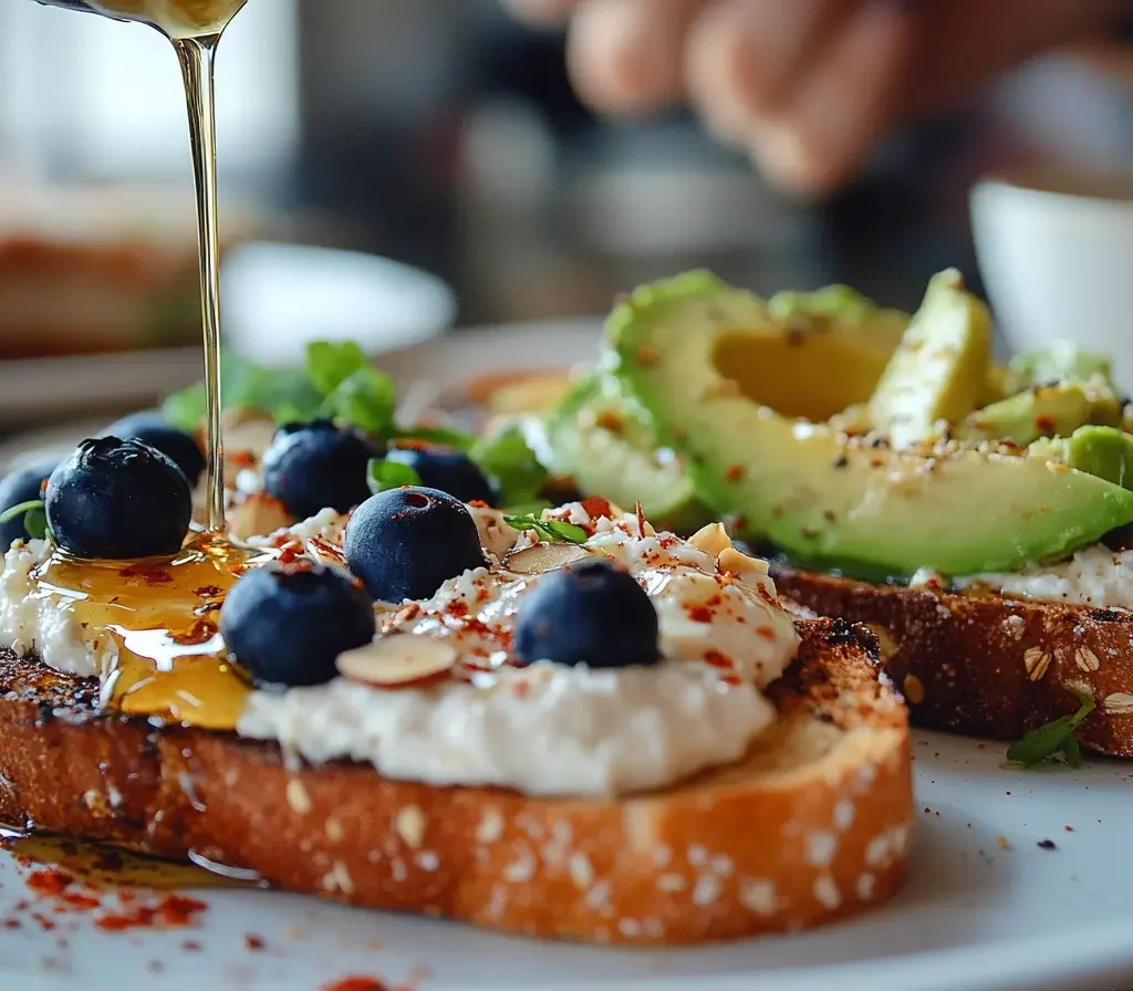 How Many Calories Are in Ricotta Toast? A Detailed Breakdown 9 Two styles of ricotta toast—one with blueberries and almonds, another with avocado and chili flakes—served with coffee in a cozy breakfast setting.