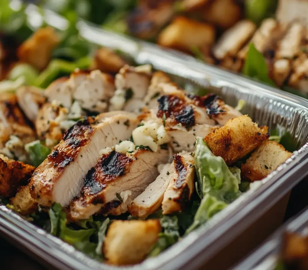 The Ultimate Guide to Costco Salads: Options, Prices, and Nutrition 9 Costco Chicken Caesar Salad in a plastic container, featuring fresh romaine, chicken, and croutons.