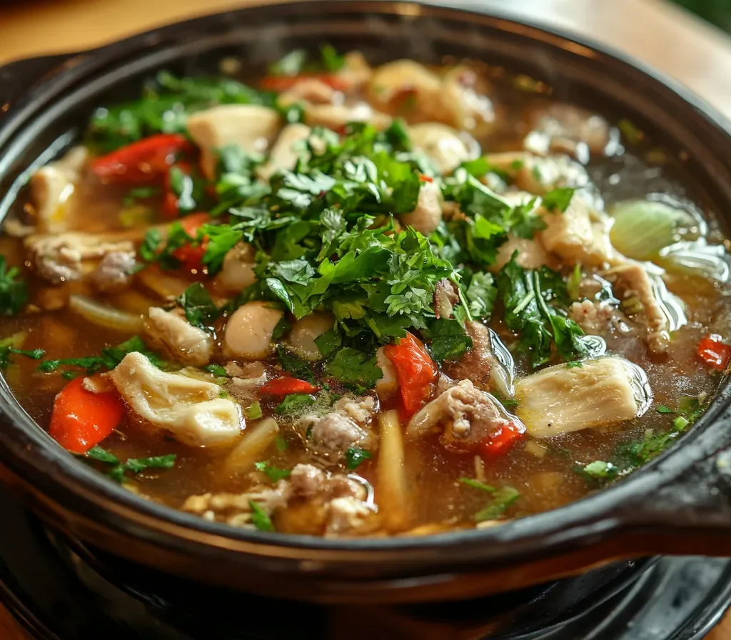 A slow cooker filled with simmering soup bones, vegetables, and herbs.