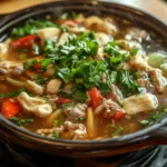 A slow cooker filled with simmering soup bones, vegetables, and herbs.