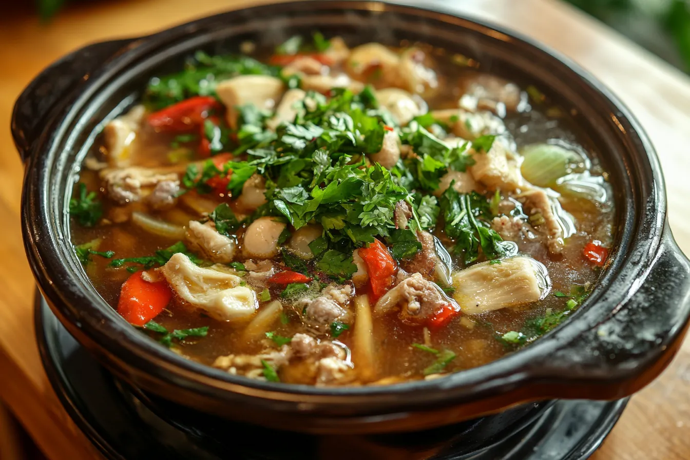 A slow cooker filled with simmering soup bones, vegetables, and herbs.