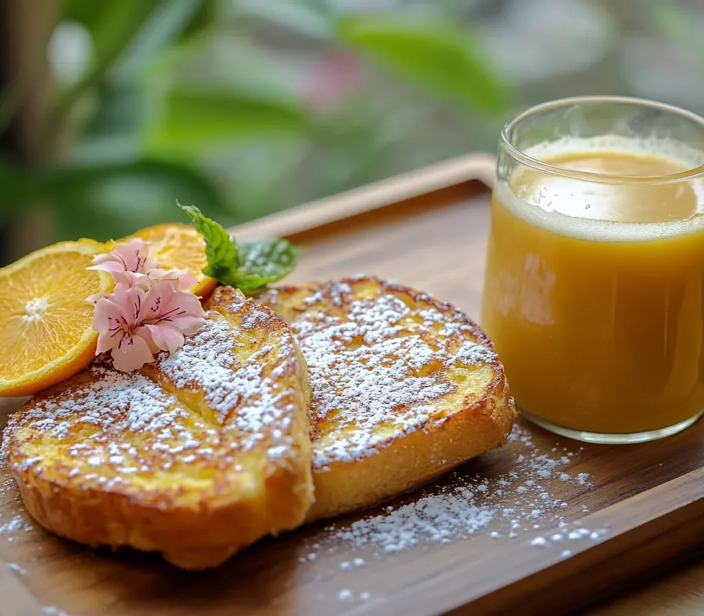 Kylie Jenner’s French toast served with powdered sugar, maple syrup, a cappuccino, and fresh orange juice.