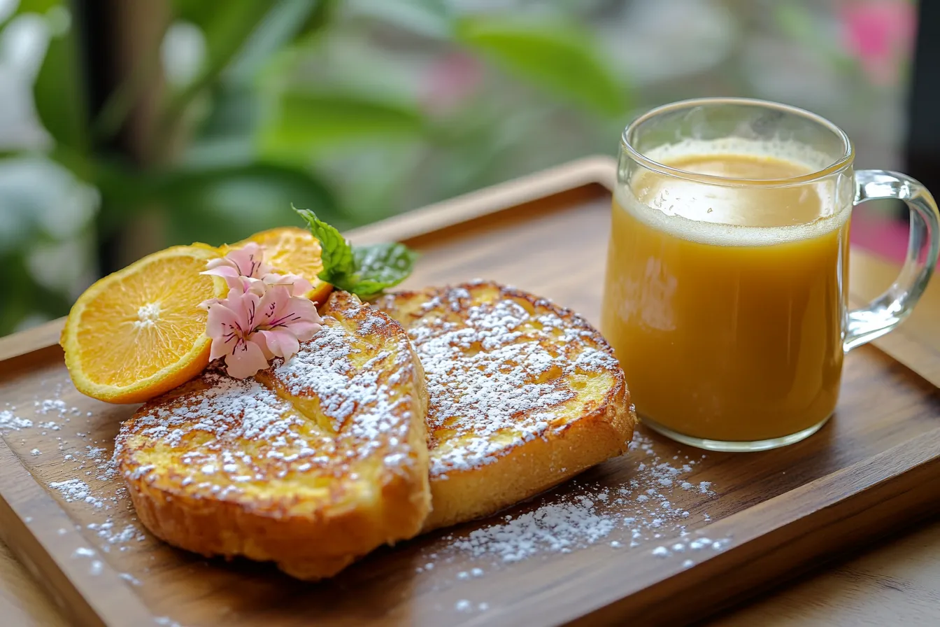 Kylie Jenner’s French toast served with powdered sugar, maple syrup, a cappuccino, and fresh orange juice.