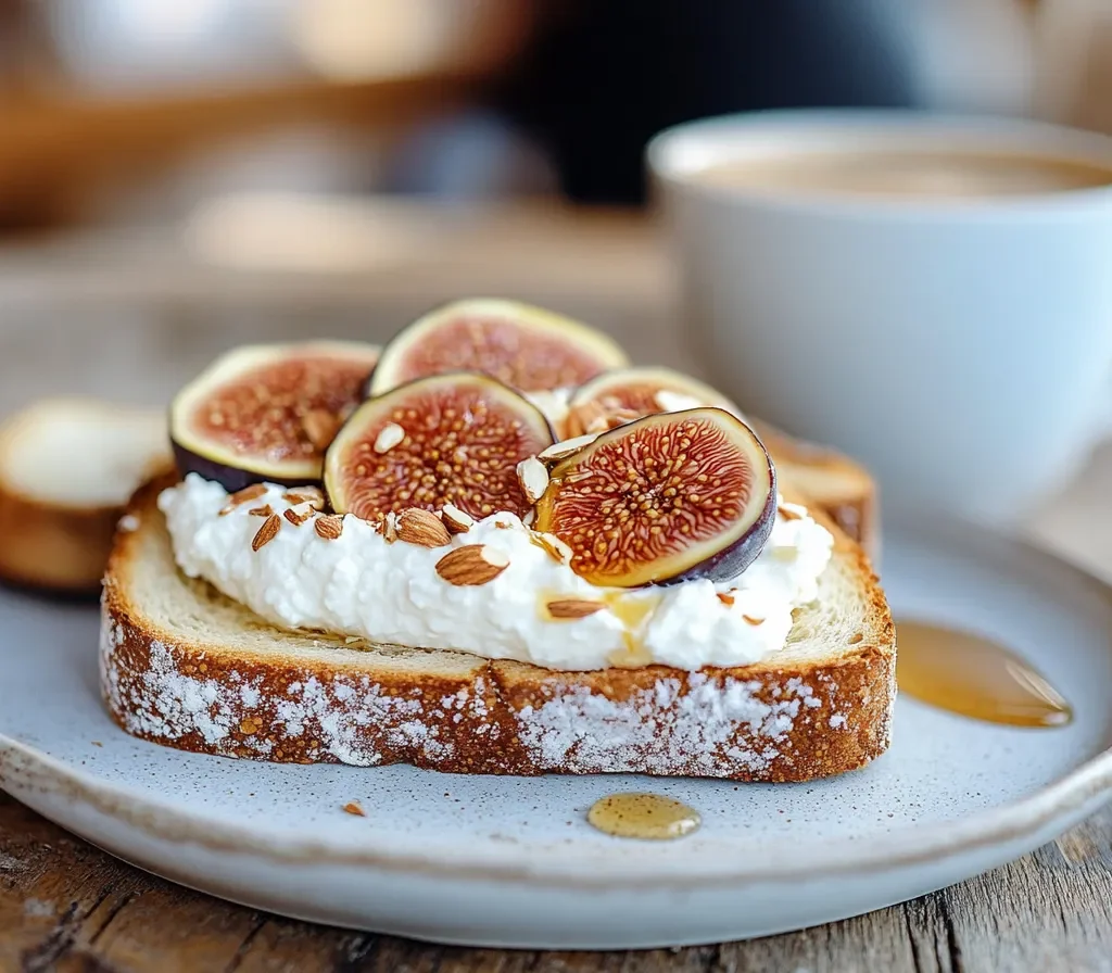 Ricotta toast with figs and honey, served with espresso on a wooden table.