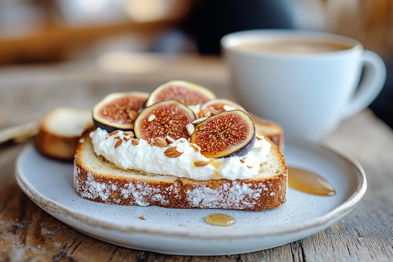 Ricotta toast with figs and honey, served with espresso on a wooden table.