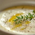 A restaurant-style serving of Vichyssoise with elegant plating.