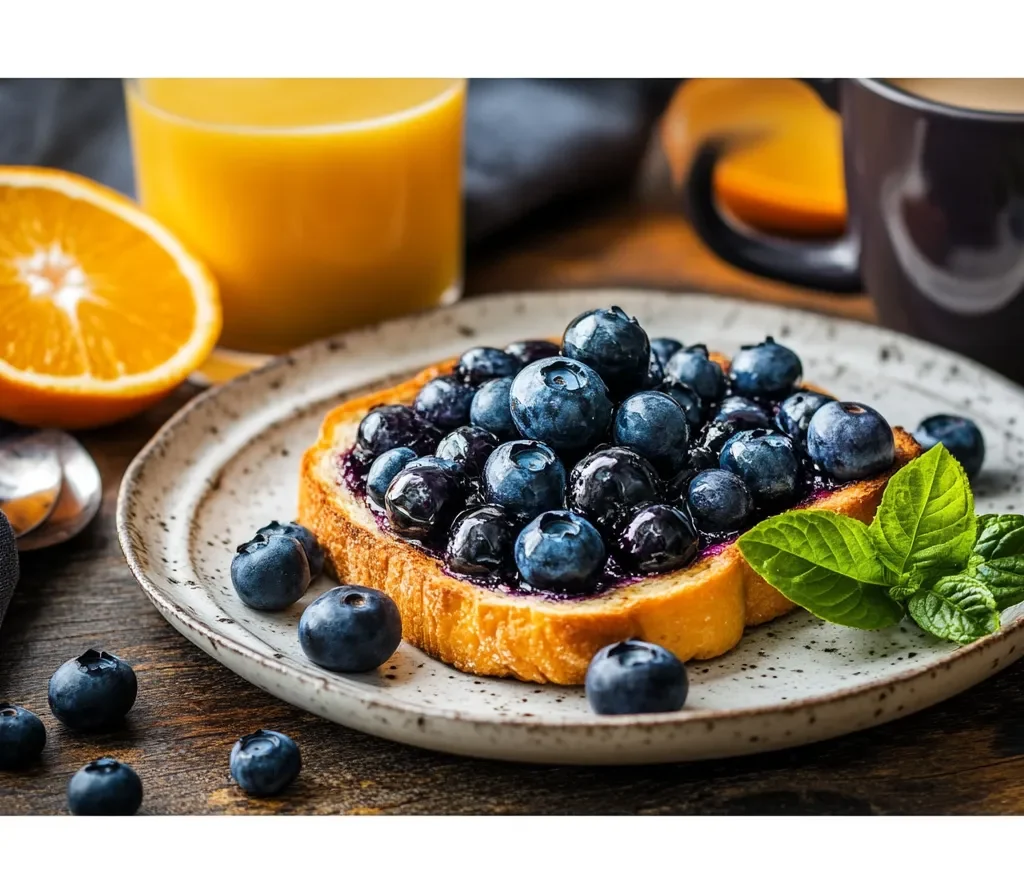 Blueberry ricotta toast served with coffee and orange juice on a rustic table