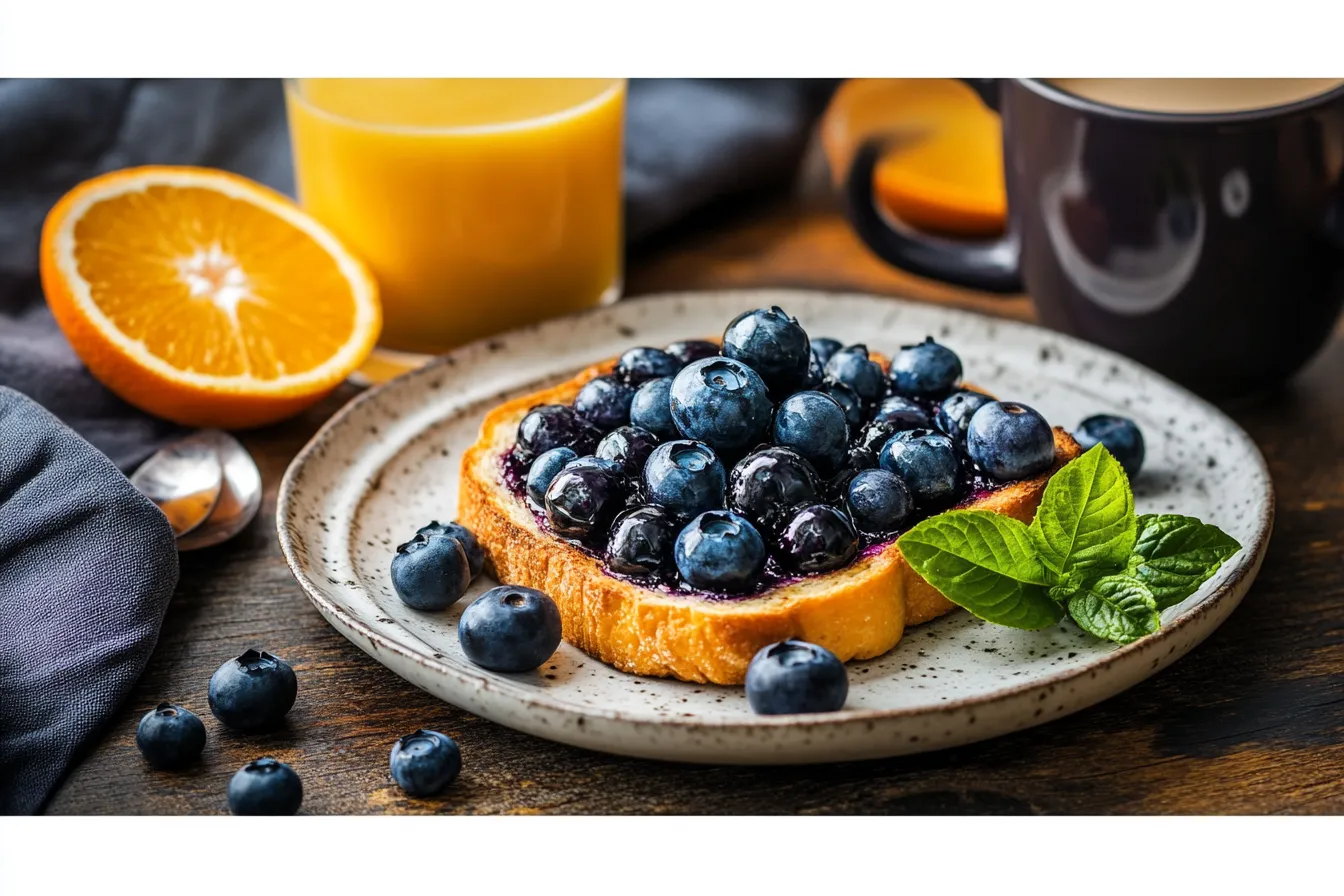 Blueberry ricotta toast served with coffee and orange juice on a rustic table