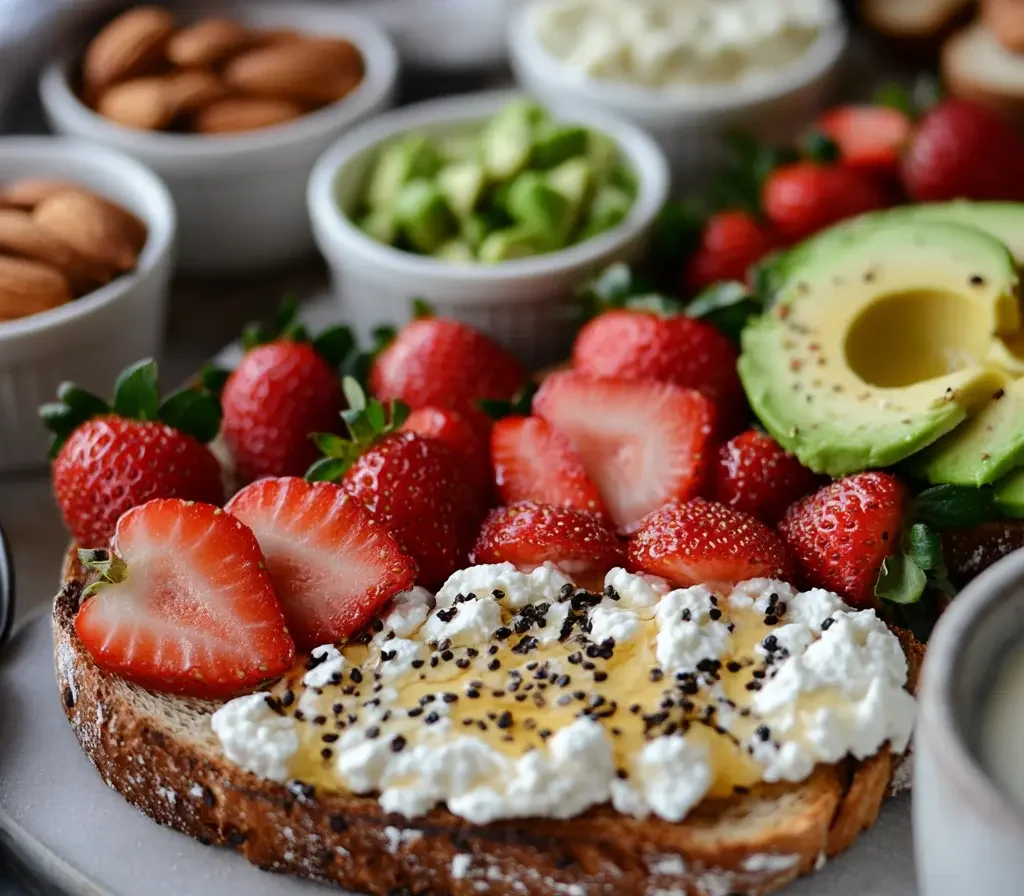 A top-down view of a nutritious ricotta toast meal prep with various toppings in small bowls.