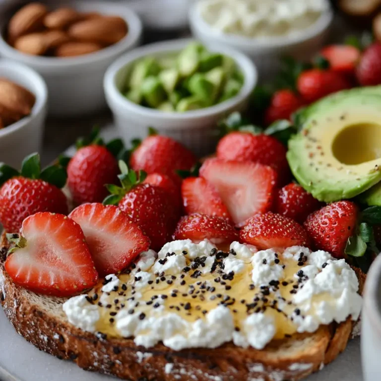 A top-down view of a nutritious ricotta toast meal prep with various toppings in small bowls.