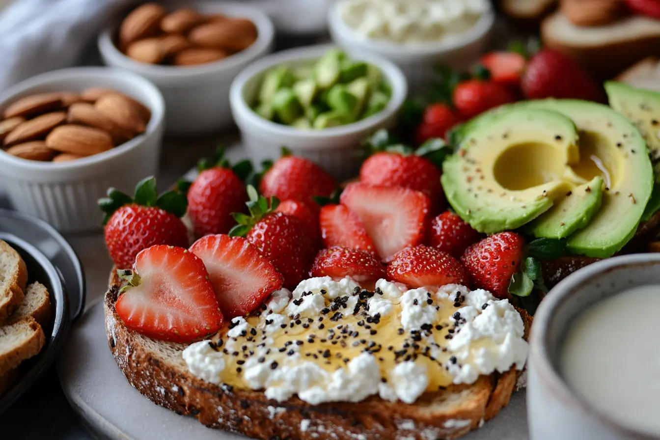 A top-down view of a nutritious ricotta toast meal prep with various toppings in small bowls.