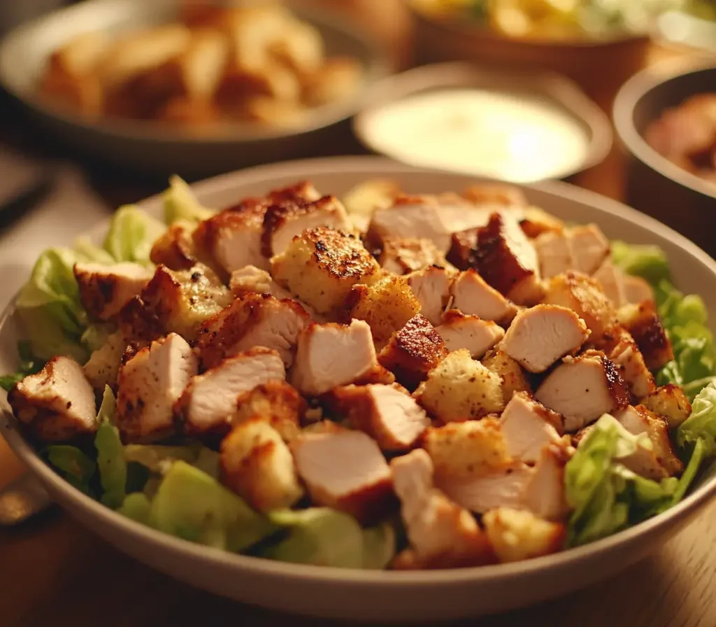 A homemade version of Costco's Chicken Caesar Salad, with fresh greens, grilled chicken, and parmesan cheese.