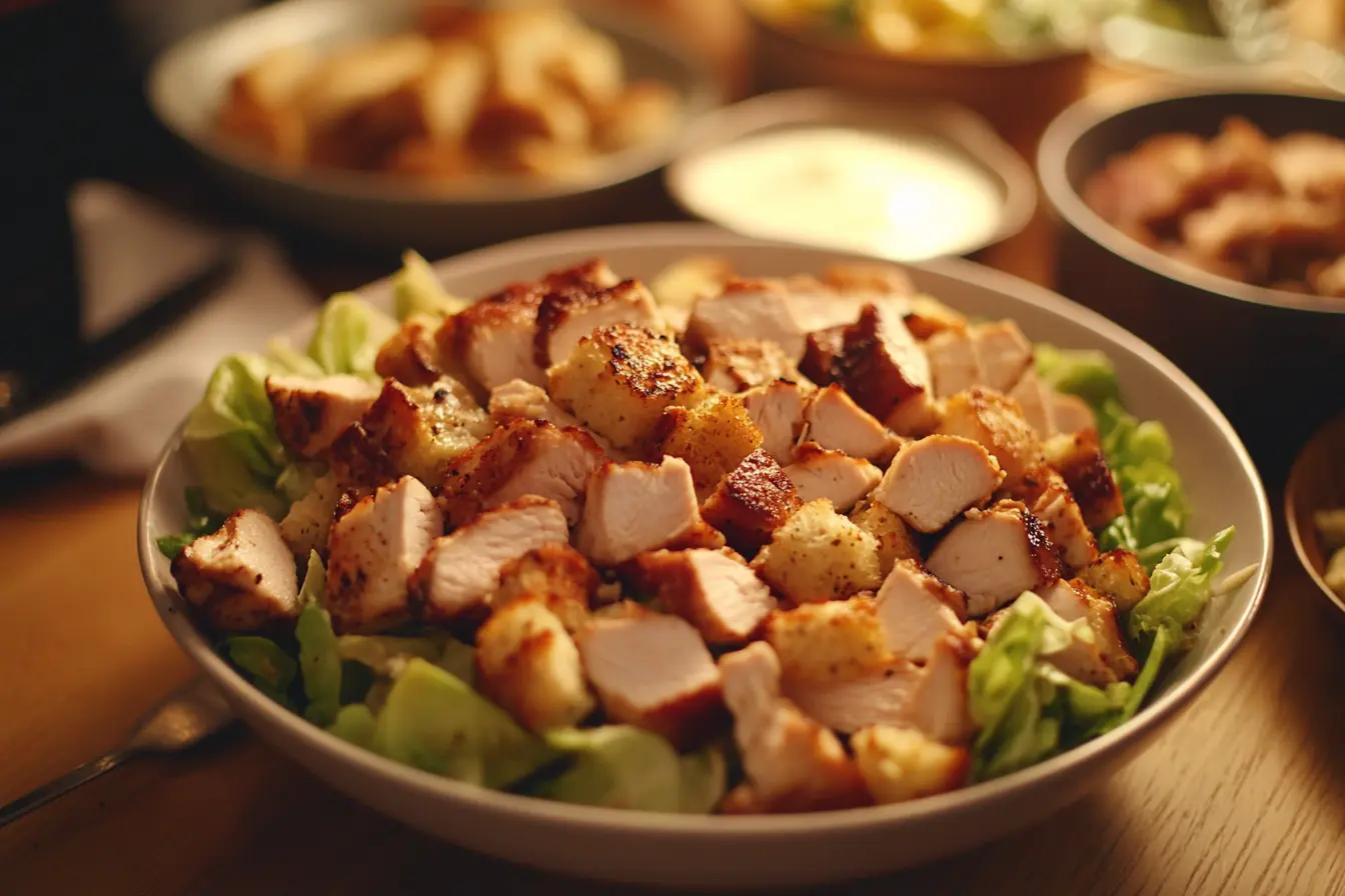 A homemade version of Costco's Chicken Caesar Salad, with fresh greens, grilled chicken, and parmesan cheese.