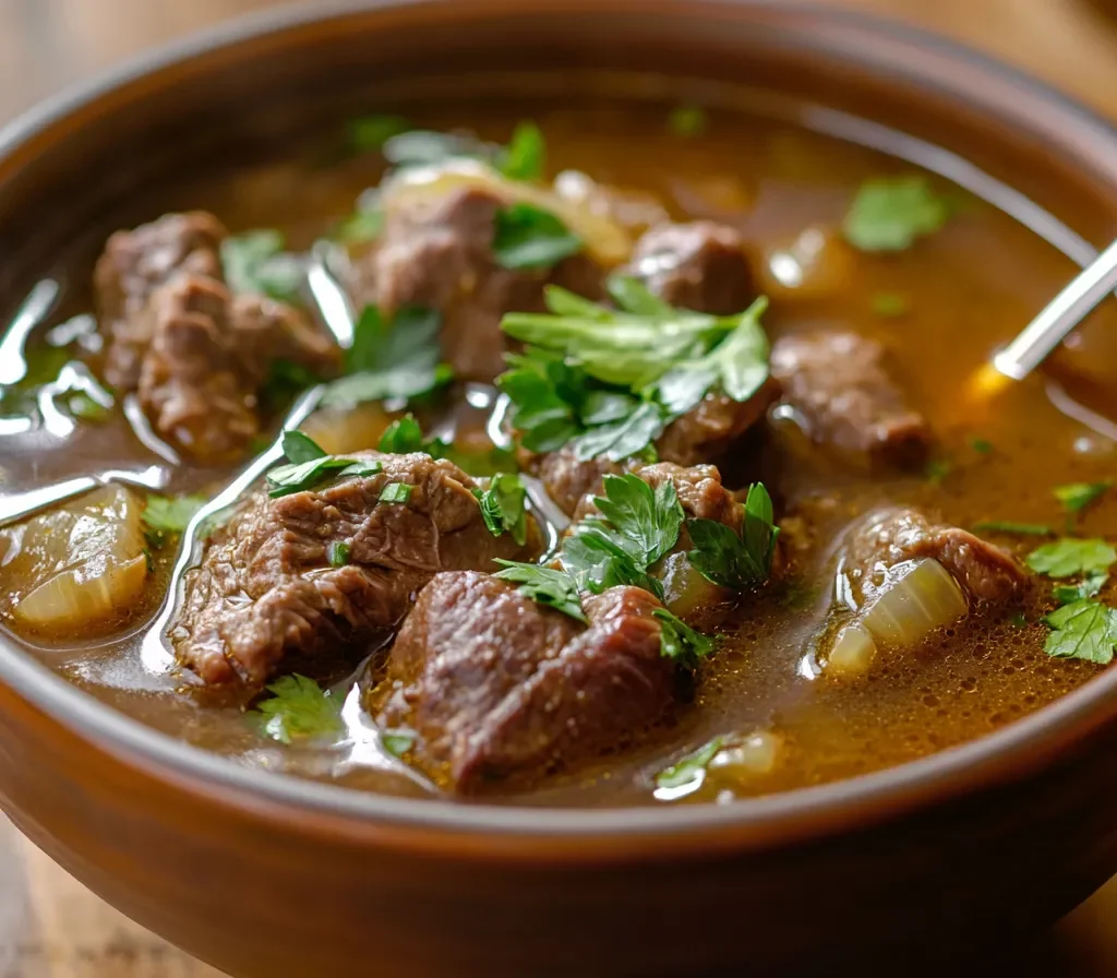 The Ultimate Guide to Soup Bones: Benefits, Uses, and Recipes 10 A bowl of homemade beef bone broth garnished with fresh parsley.