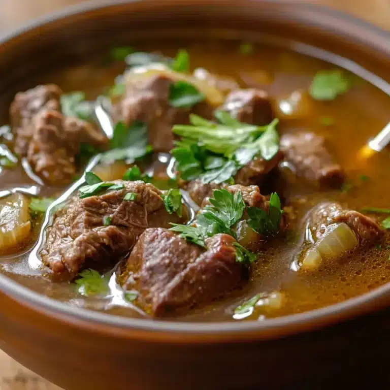 A bowl of homemade beef bone broth garnished with fresh parsley.
