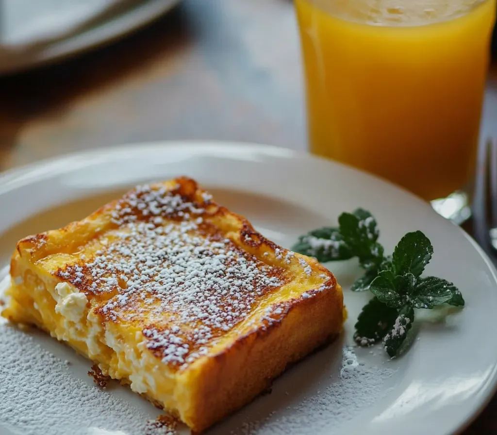 A plate with a single slice of French toast with ricotta, alongside a calorie breakdown.