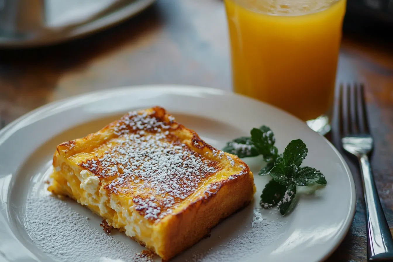 A plate with a single slice of French toast with ricotta, alongside a calorie breakdown.