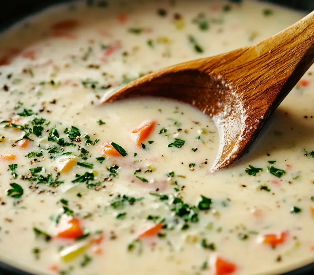 A chef stirring a thick, creamy soup with a wooden spoon.