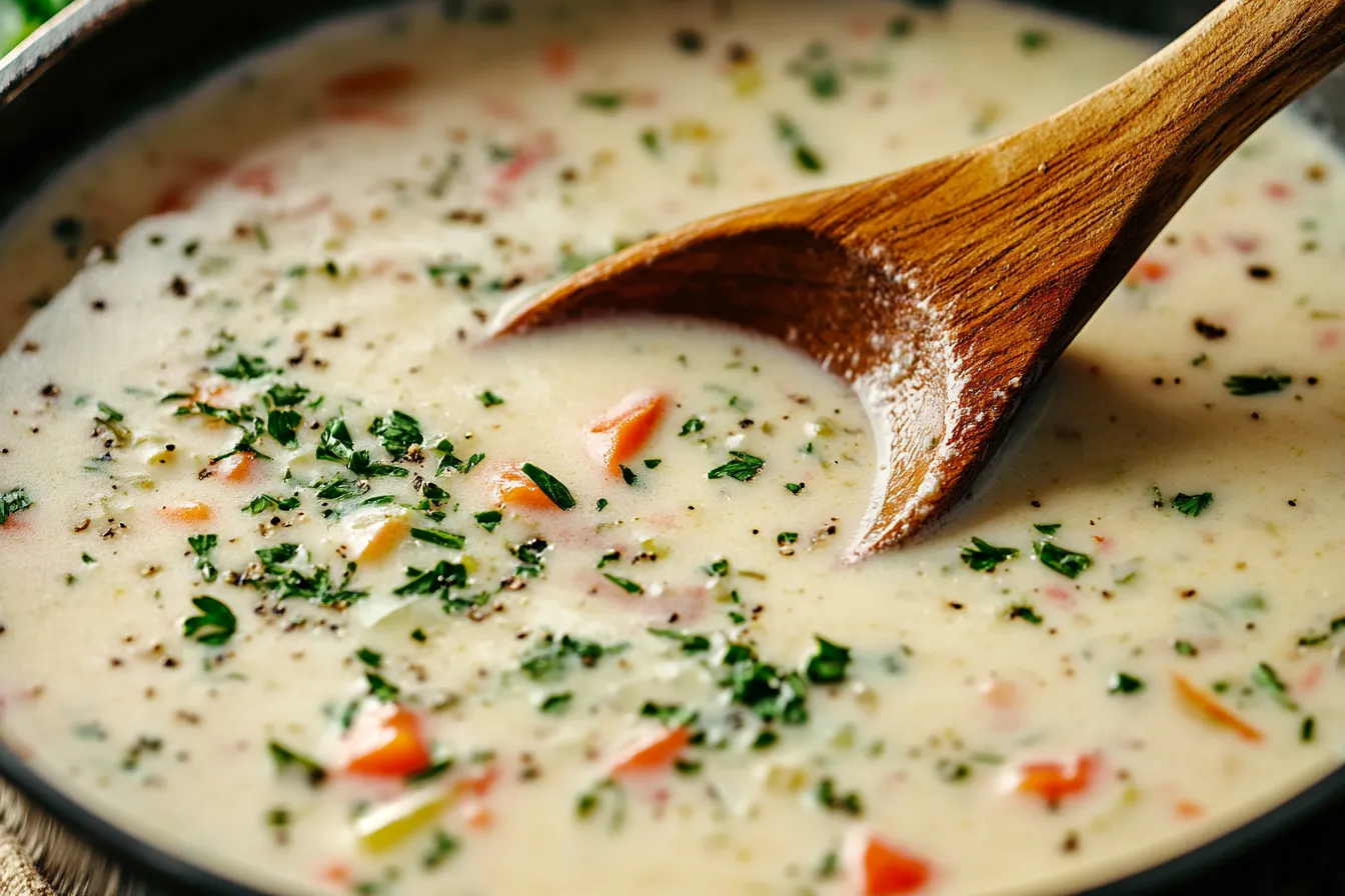 A chef stirring a thick, creamy soup with a wooden spoon.