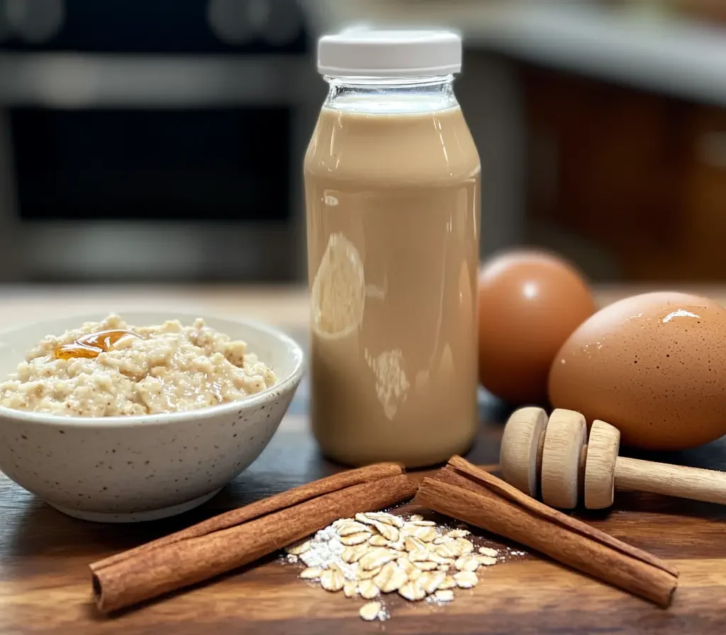 Premier Protein Pancakes 9 Ingredients for making Premier Protein Pancakes displayed on a wooden surface.