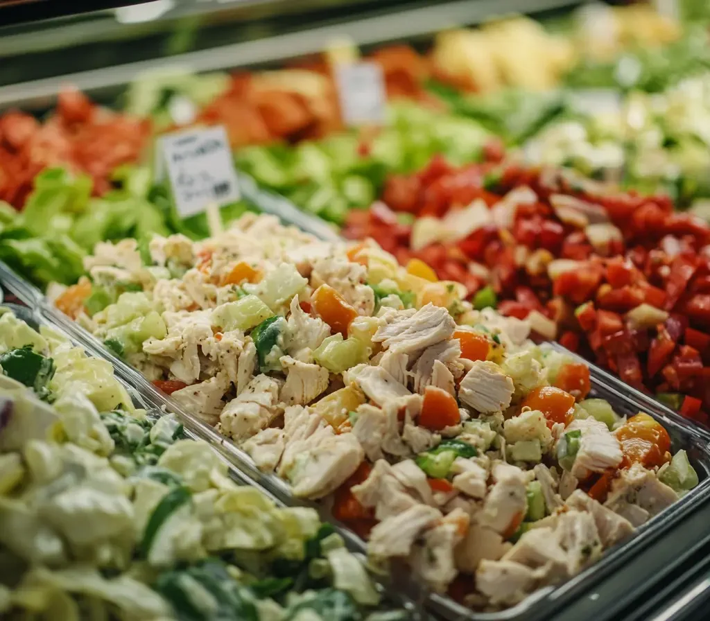 Does Costco Have Deli Salads? 7 A variety of Costco deli salads displayed in a refrigerated section, including rotisserie chicken, quinoa, and pasta salads.