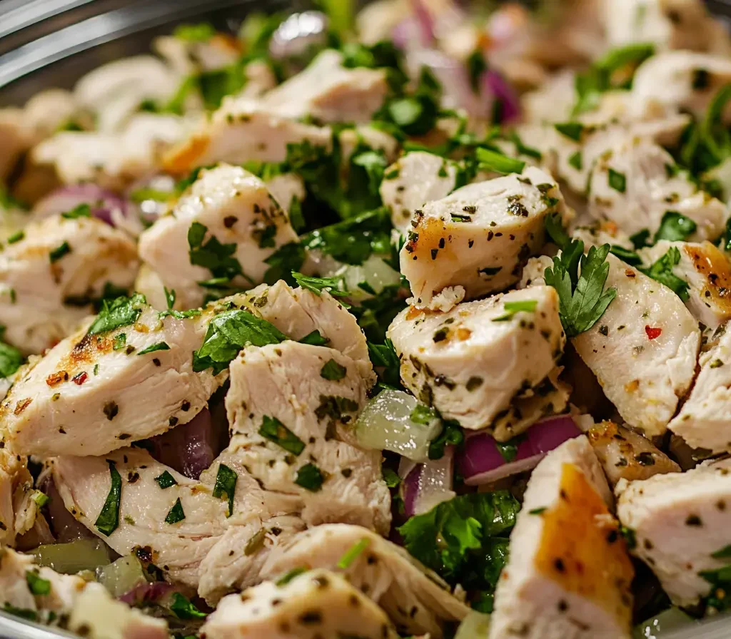 Does Costco Have Deli Salads? 8 A Costco rotisserie chicken salad in a plastic container, garnished with fresh herbs.