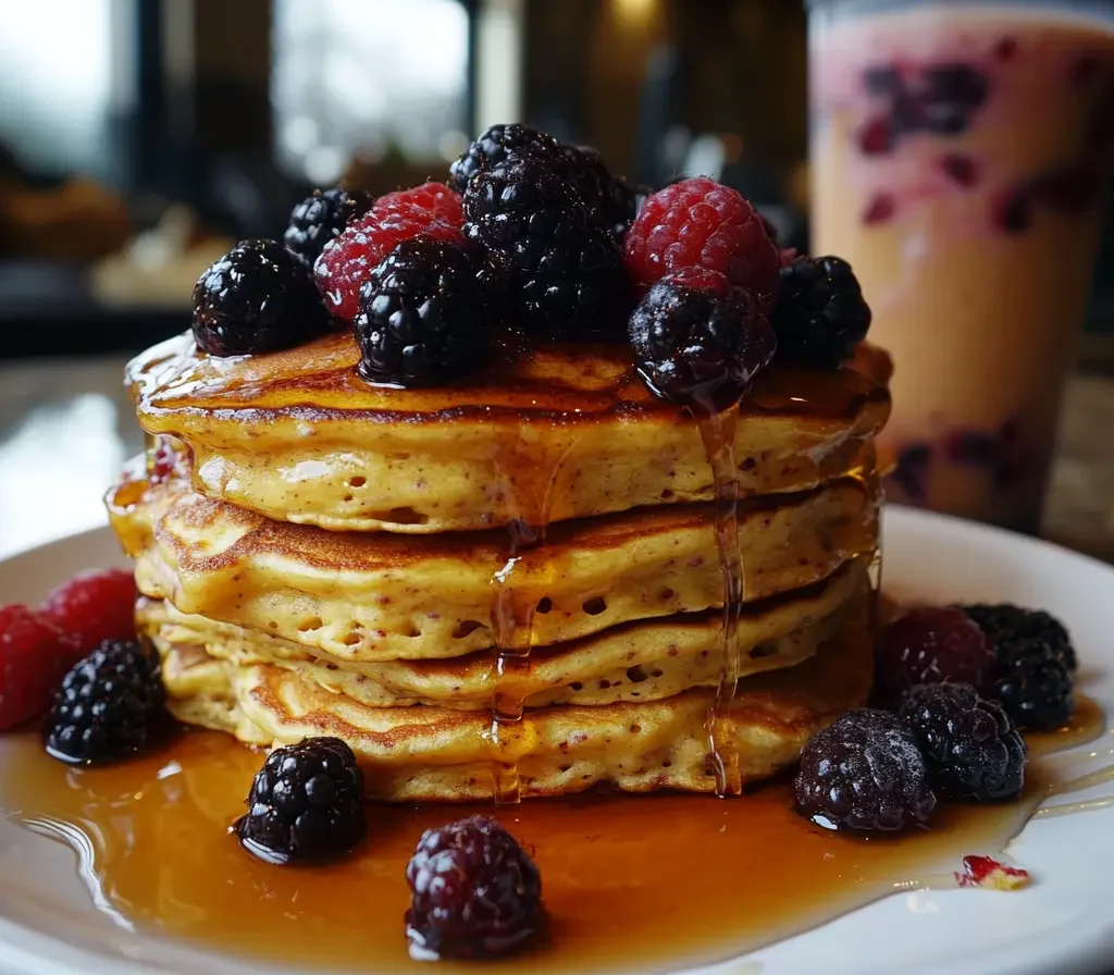 Fluffy Premier Protein Pancakes stacked with fresh berries and syrup.