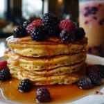 Fluffy Premier Protein Pancakes stacked with fresh berries and syrup.