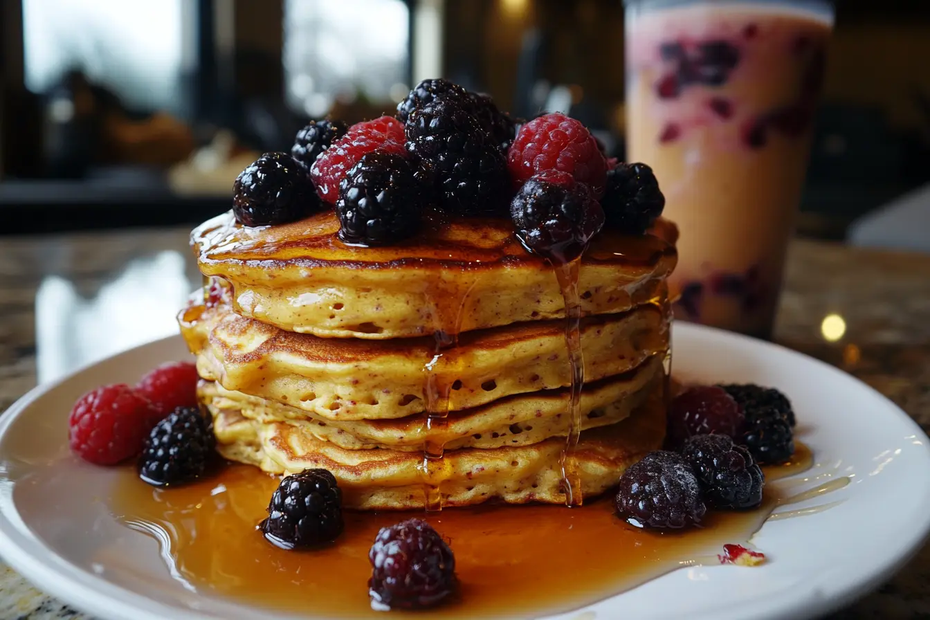 Fluffy Premier Protein Pancakes stacked with fresh berries and syrup.