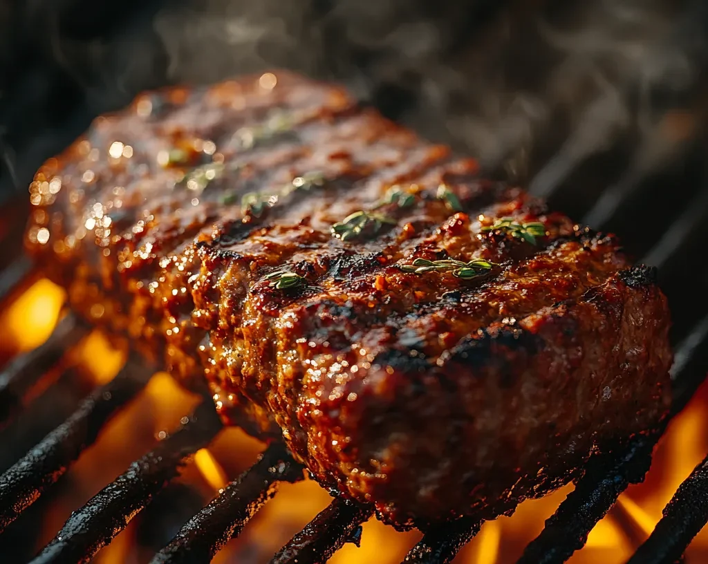 High-quality AI-generated image of a meatloaf smoking on a pellet grill with a rich smoky texture.