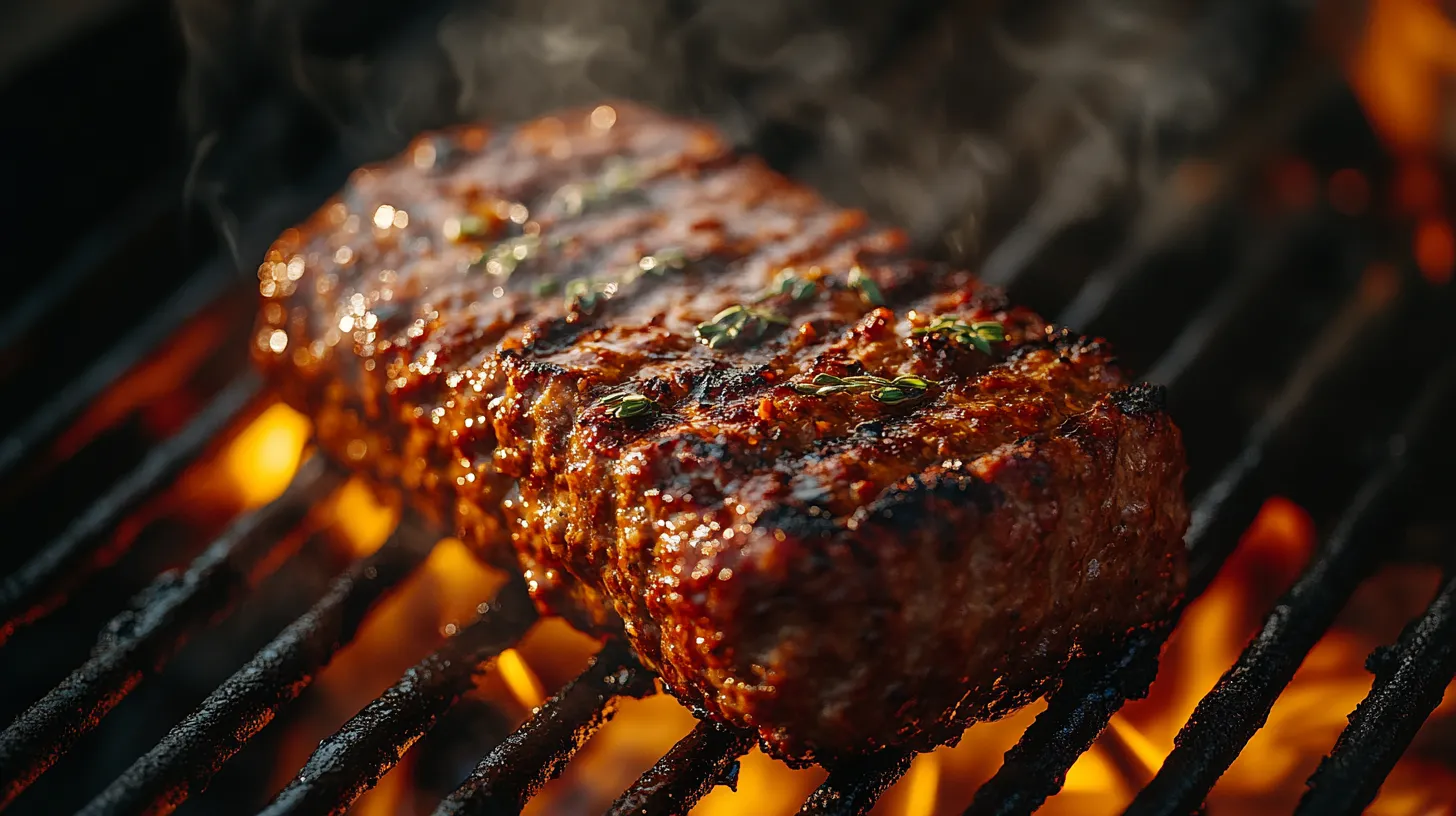 High-quality AI-generated image of a meatloaf smoking on a pellet grill with a rich smoky texture.