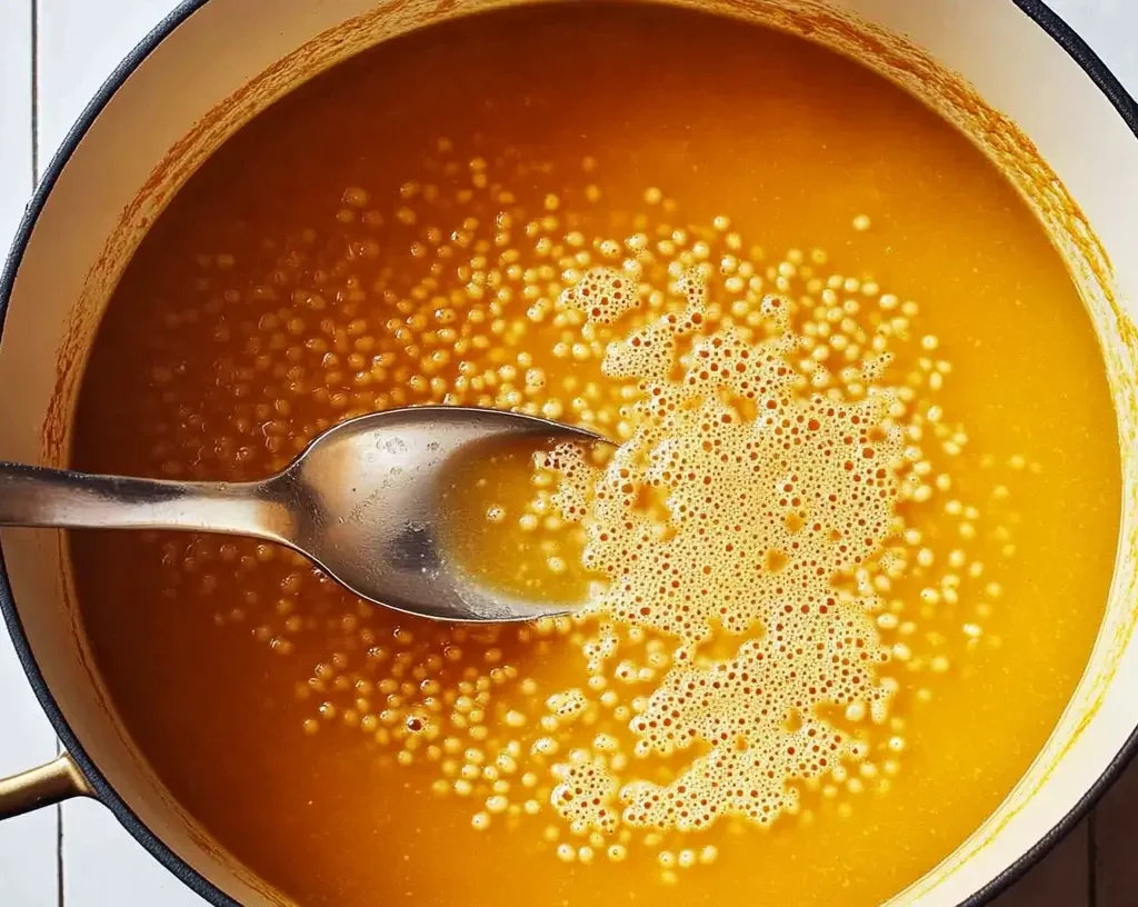 The Ultimate Pastina Soup Recipe 12 A pot of soup with small pasta cooking in the broth.