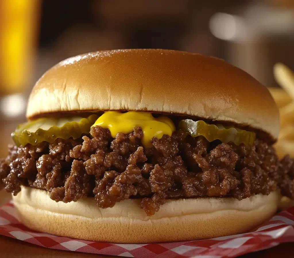 The Ultimate Guide to the Maid-Rite Sandwich Recipe 8 Classic Maid-Rite sandwich with mustard, pickles, and diced onions.