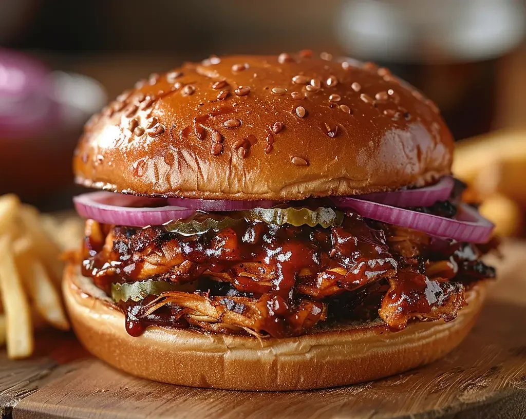 BBQ shredded chicken sandwich with crispy fries