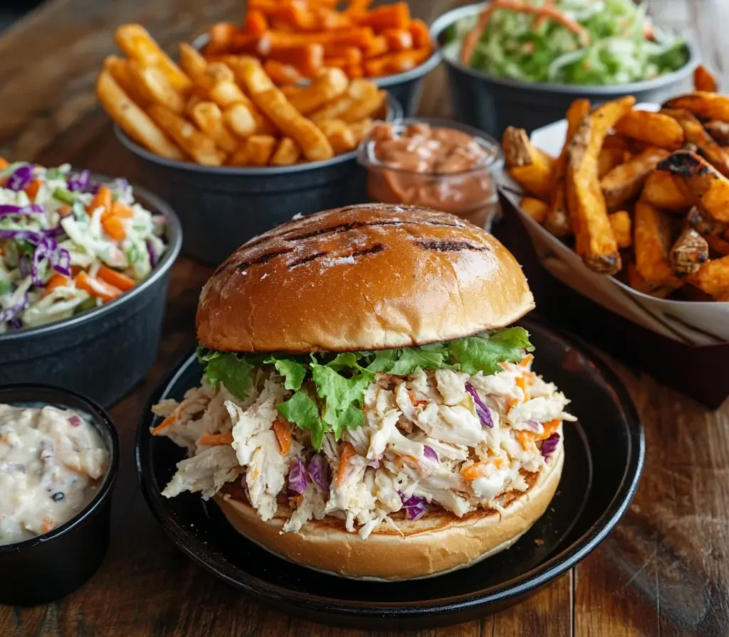 What Goes Well with Shredded Chicken Sandwiches? 3 Side dishes for shredded chicken sandwiches, including mac and cheese, coleslaw, and fries.